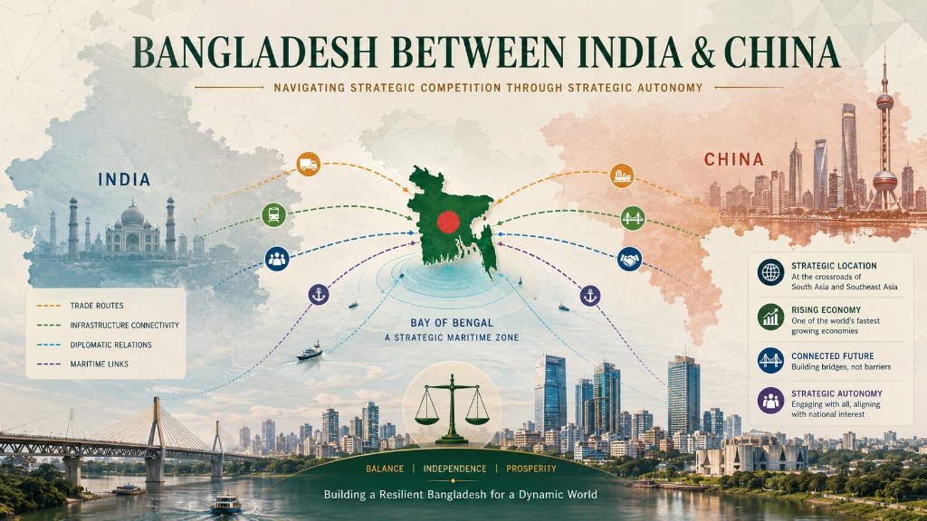 Map showing Bangladesh, Bay of Bengal, India, China, and regional trade routes